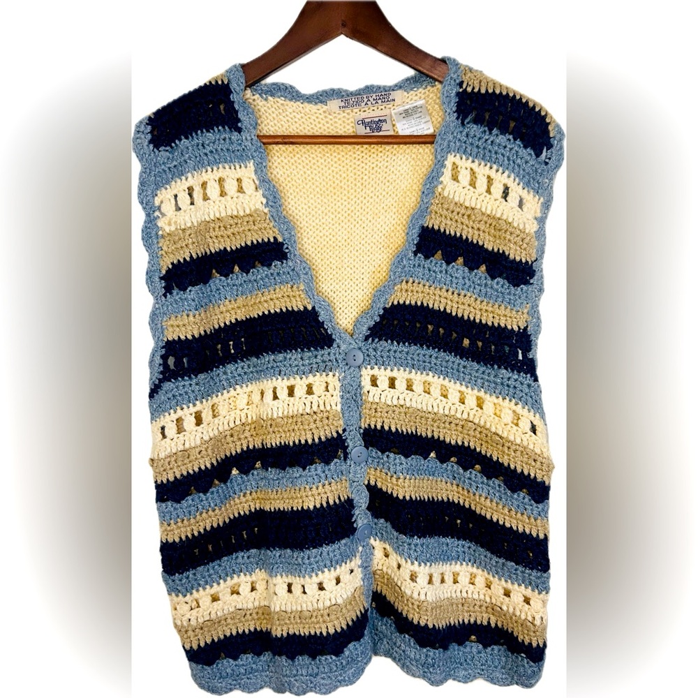 Hand Knit Vintage Stripped Button Down Sweater Vest Size Large